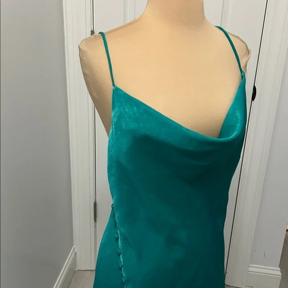 Zara Teal Satin Draped Neck Spaghetti Strap Dress - Picture 5 of 7
